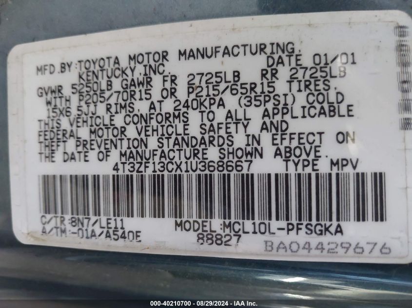 4T3ZF13CX1U368667 2001 Toyota Sienna Xle