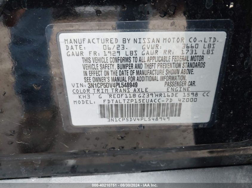 2023 Nissan Kicks Sr Xtronic Cvt VIN: 3N1CP5DV4PL548949 Lot: 40210751