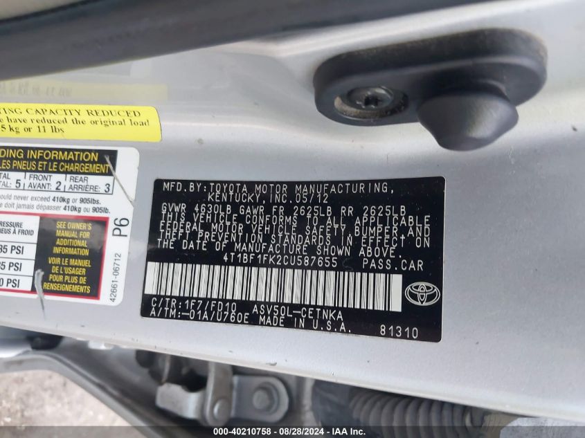 4T1BF1FK2CU587655 2012 Toyota Camry Le