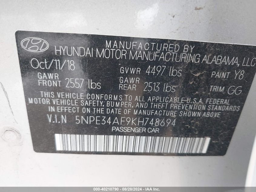 2019 Hyundai Sonata Sel VIN: 5NPE34AF9KH748694 Lot: 40210790