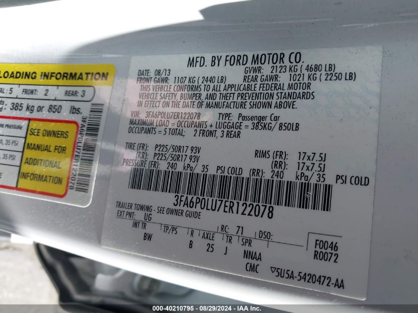 2014 Ford Fusion Hybrid Se VIN: 3FA6P0LU7ER122078 Lot: 40210795