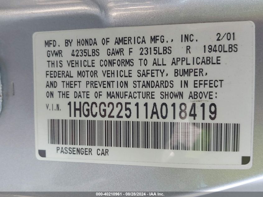 1HGCG22511A018419 2001 Honda Accord 3.0 Ex