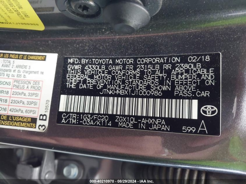 2018 Toyota C-Hr Xle/Xle Premium VIN: JTNKHMBX1J1000986 Lot: 40210970