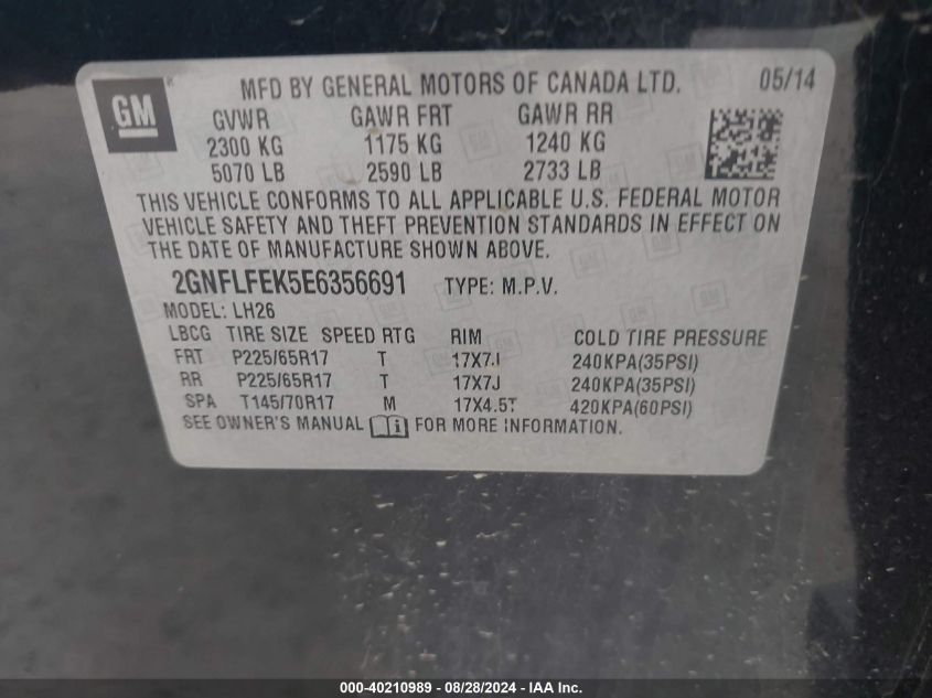 2GNFLFEK5E6356691 2014 Chevrolet Equinox 1Lt