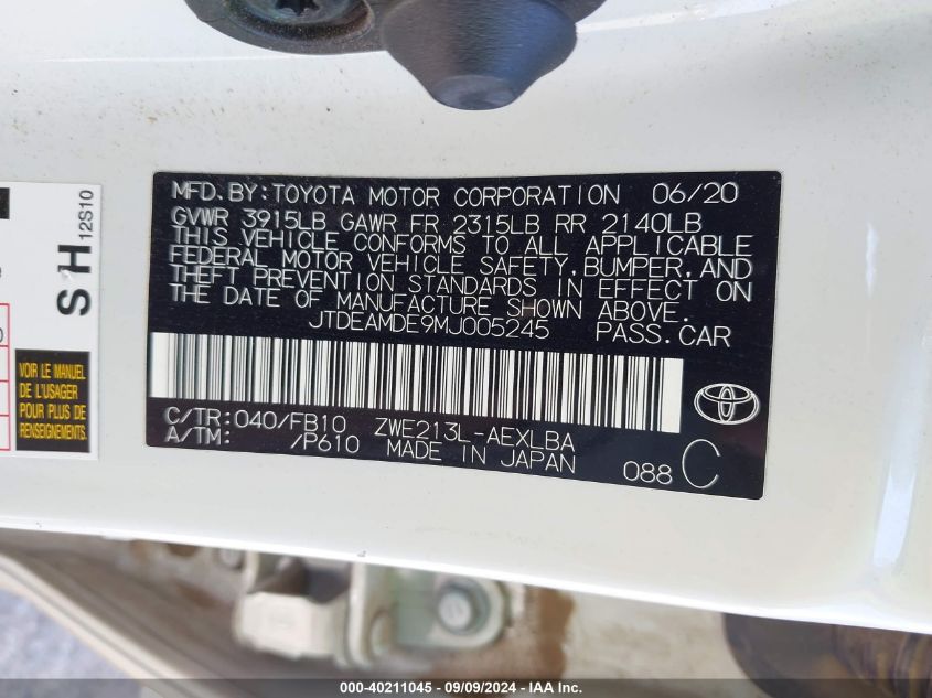 2021 Toyota Corolla Hybrid Le VIN: JTDEAMDE9MJ005245 Lot: 40211045