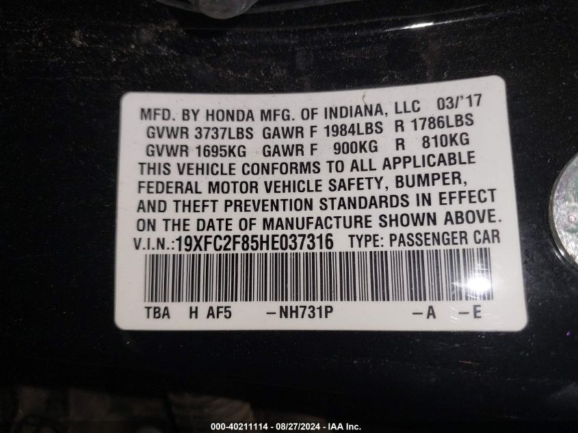 2017 Honda Civic Ex VIN: 19XFC2F85HE037316 Lot: 40211114