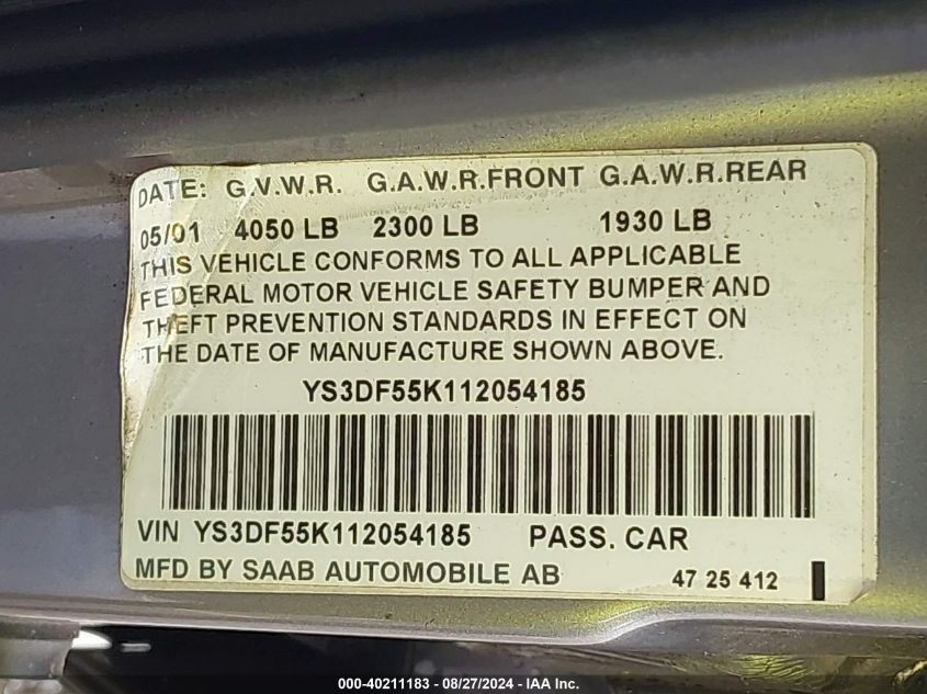 2001 Saab 9-3 Se VIN: YS3DF55K112054185 Lot: 40211183