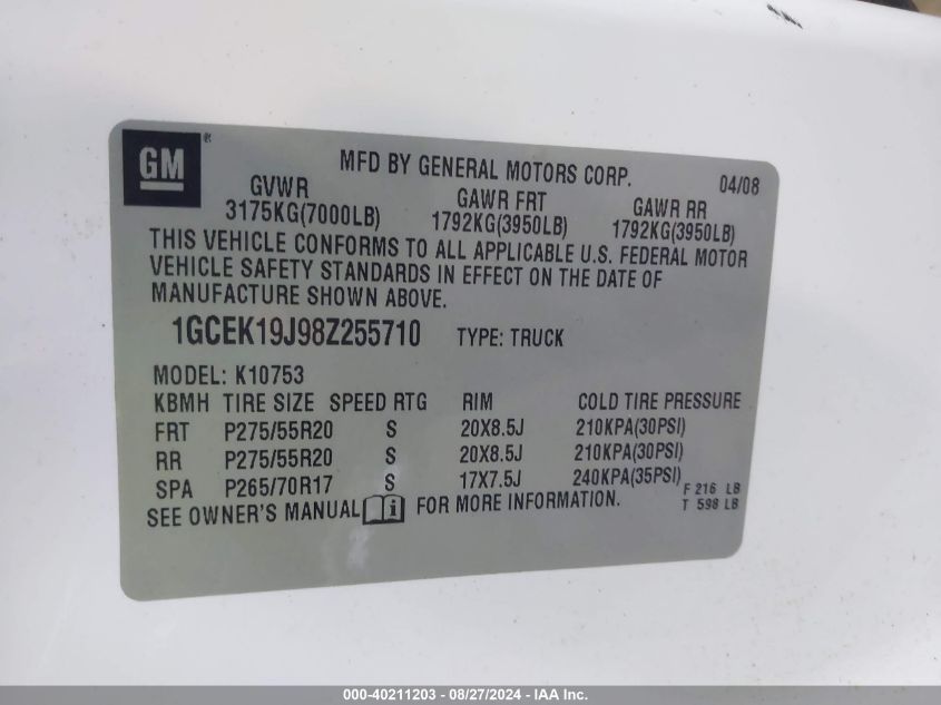 1GCEK19J98Z255710 2008 Chevrolet Silverado 1500 Lt1