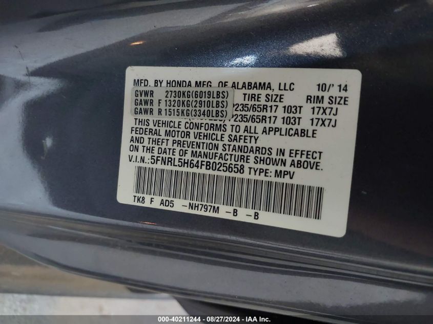 2015 Honda Odyssey Ex-L VIN: 5FNRL5H64FB025658 Lot: 40211244