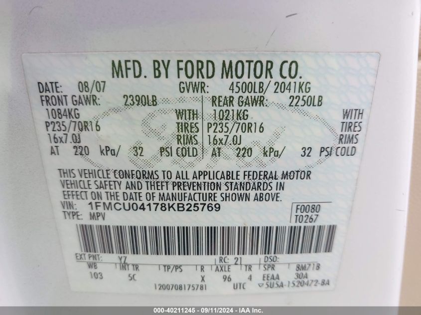 1FMCU04178KB25769 2008 Ford Escape Limited