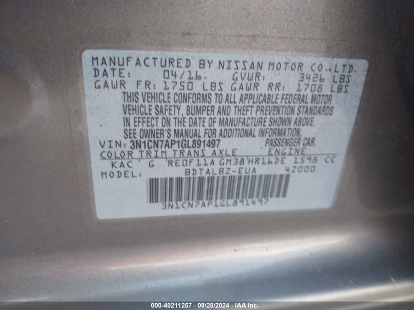 3N1CN7AP1GL891497 2016 Nissan Versa 1.6 Sv