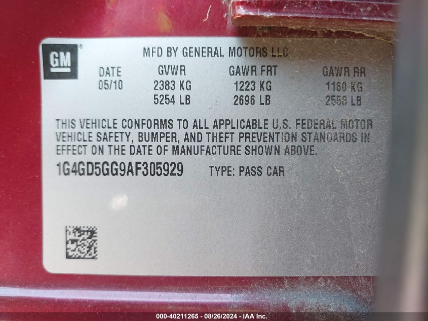 2010 Buick Lacrosse Cxl VIN: 1G4GD5GG9AF305929 Lot: 40211265