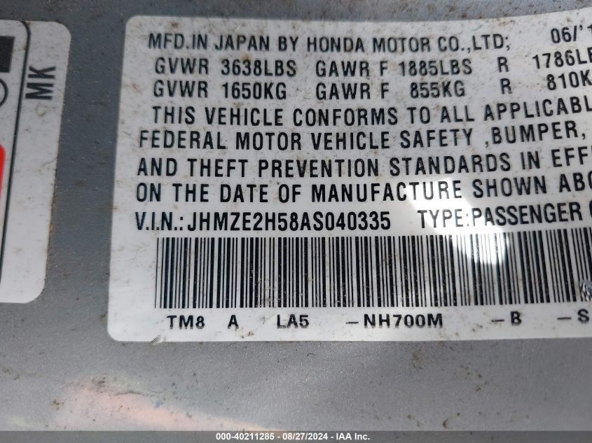 JHMZE2H58AS040335 2010 Honda Insight Lx