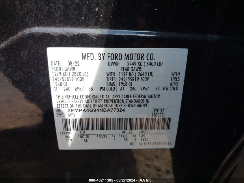 2022 Ford Edge Se VIN: 2FMPK4G94NBA77024 Lot: 40211305