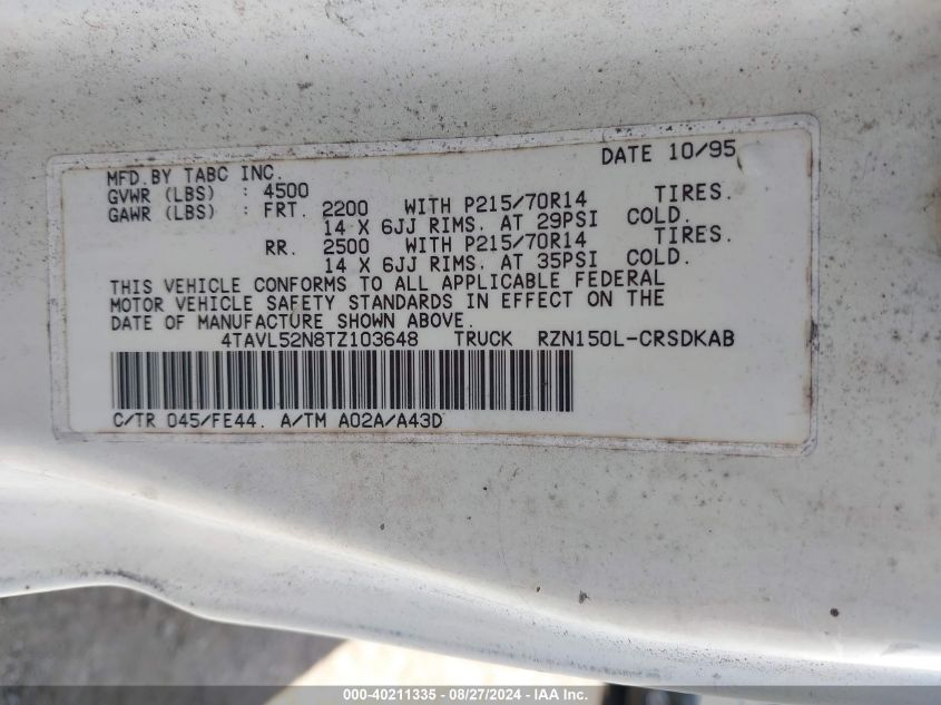 1996 Toyota Tacoma Xtracab VIN: 4TAVL52N8TZ103648 Lot: 40211335