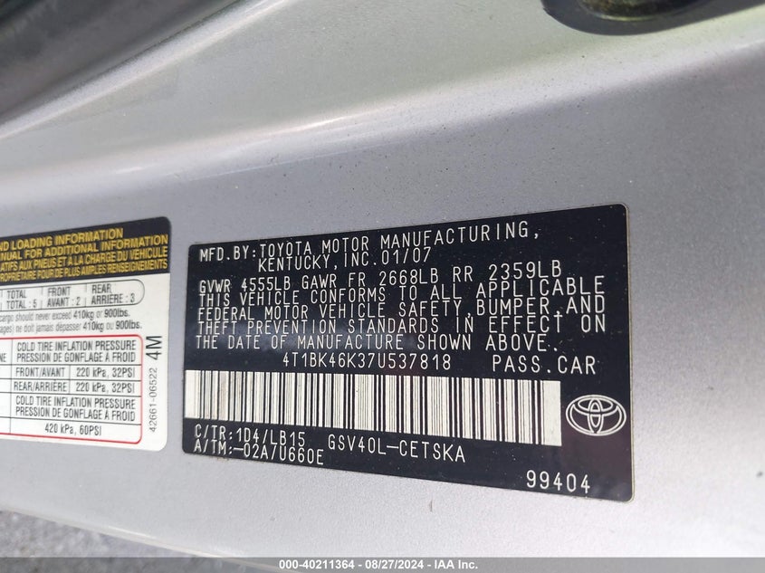 2007 Toyota Camry Se V6 VIN: 4T1BK46K37U537818 Lot: 40211364