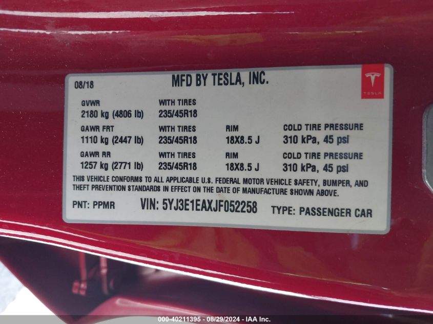 VIN 5YJ3E1EAXJF052258 2018 Tesla Model 3, Long Rang... no.9