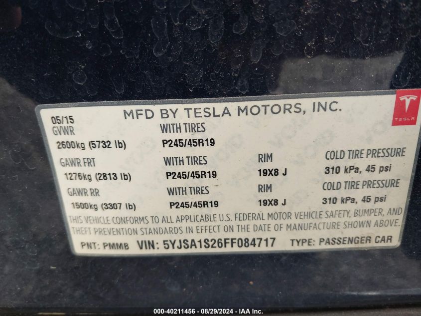 2015 Tesla Model S 70D/85D/P85D VIN: 5YJSA1S26FF084717 Lot: 40211456