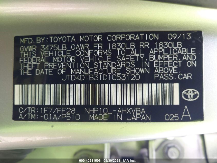 2013 Toyota Prius C Two VIN: JTDKDTB31D1053120 Lot: 40211508