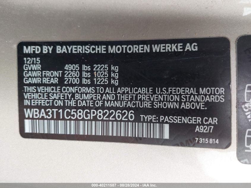 2016 BMW 428I xDrive VIN: WBA3T1C58GP822626 Lot: 40211587