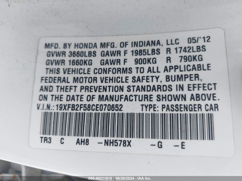 2012 Honda Civic Lx VIN: 19XFB2F58CE070652 Lot: 40211610