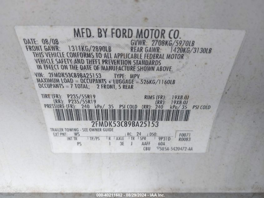 2FMDK53C89BA25153 2009 Ford Flex Limited