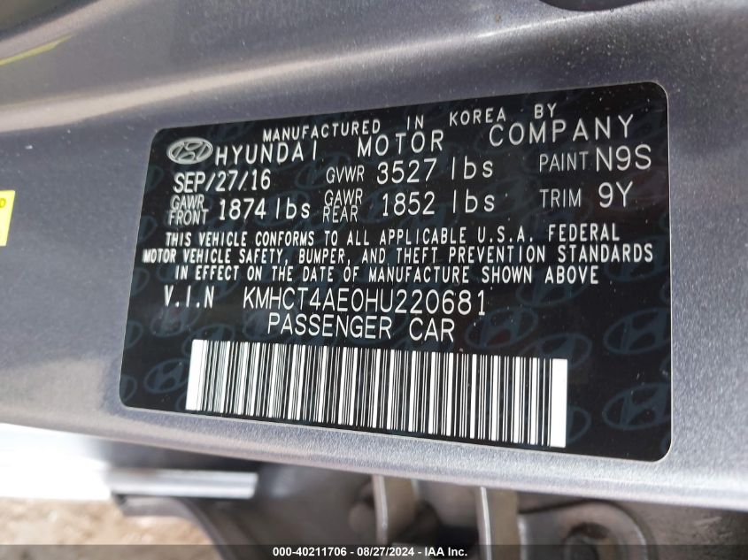 KMHCT4AE0HU220681 2017 Hyundai Accent Se