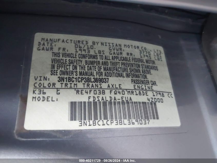 2011 Nissan Versa 1.8S VIN: 3N1BC1CP3BL369037 Lot: 40211729