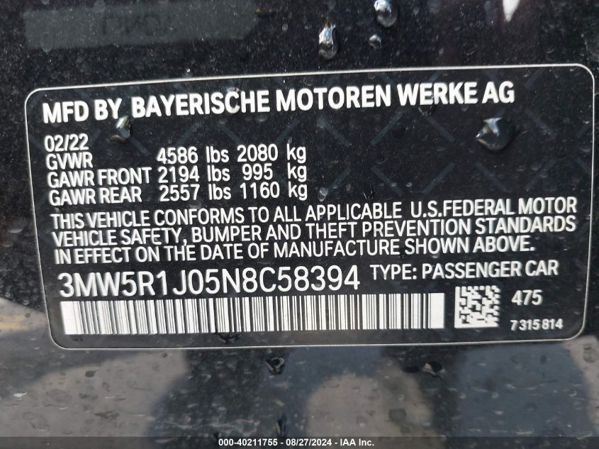 2022 BMW 330I VIN: 3MW5R1J05N8C58394 Lot: 40211755