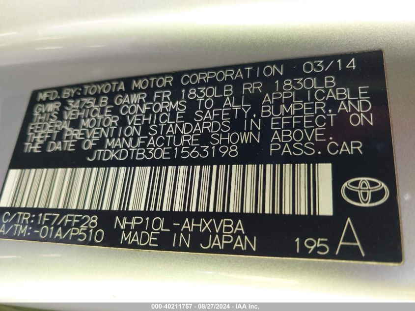 JTDKDTB30E1563198 2014 Toyota Prius C Two