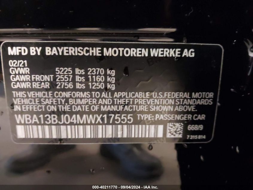 2021 BMW 530I xDrive VIN: WBA13BJ04MWX17555 Lot: 40211770