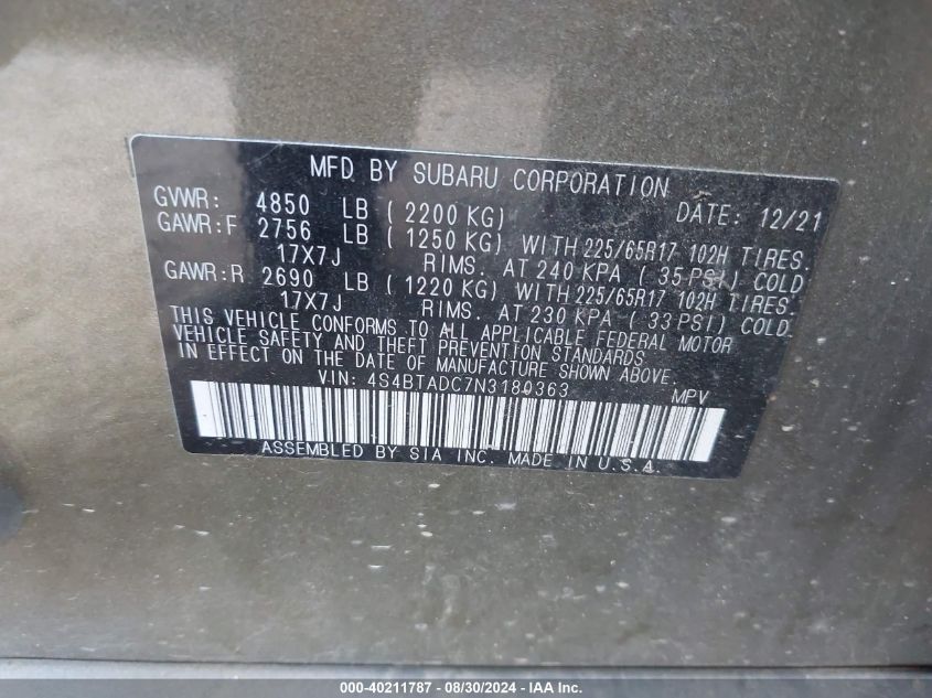 4S4BTADC7N3180363 2022 Subaru Outback Premium