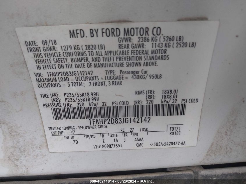 1FAHP2D83JG142142 2018 Ford Taurus Se