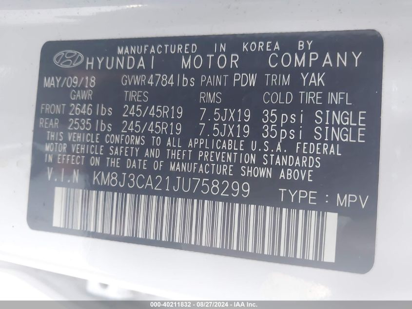 2018 Hyundai Tucson Value VIN: KM8J3CA21JU758299 Lot: 40211832