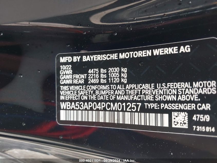 2023 BMW 430I VIN: WBA53AP04PCM01257 Lot: 40211831