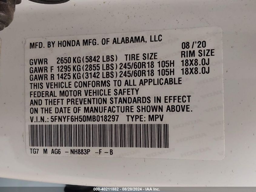 2021 Honda Pilot Awd Ex-L VIN: 5FNYF6H50MB018297 Lot: 40211882