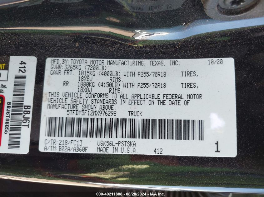 2021 Toyota Tundra Sr5 VIN: 5TFDY5F12MX976298 Lot: 40211888