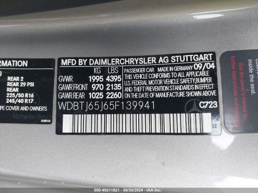 WDBTJ65J65F139941 2005 Mercedes-Benz Clk 320