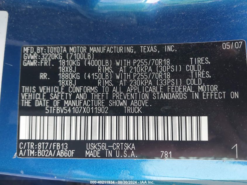 2007 Toyota Tundra Sr5 5.7L V8 VIN: 5TFBV54107X011902 Lot: 43433642