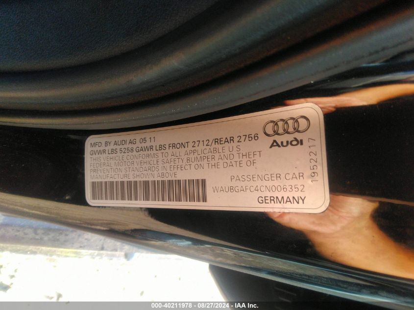 2012 Audi A6 3.0 Premium VIN: WAUBGAFC4CN006352 Lot: 40211978