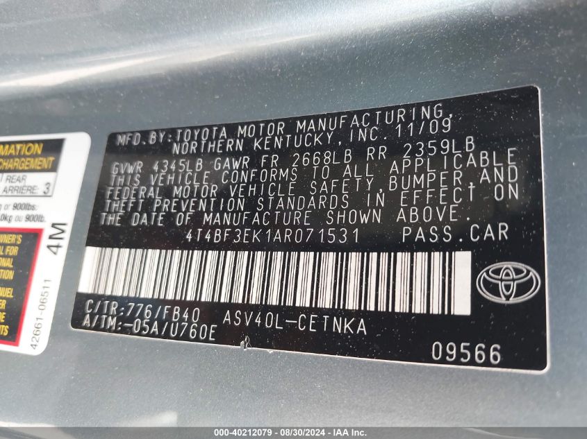 2010 Toyota Camry Le VIN: 4T4BF3EK1AR071531 Lot: 40212079