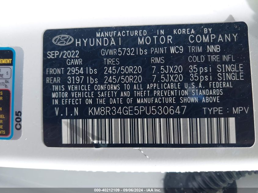 2023 Hyundai Palisade Xrt VIN: KM8R34GE5PU530647 Lot: 40212109