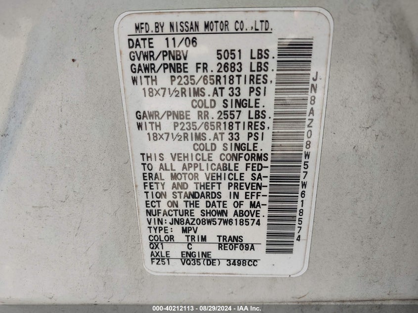 2007 Nissan Murano S VIN: JN8AZ08W57W618574 Lot: 40212113