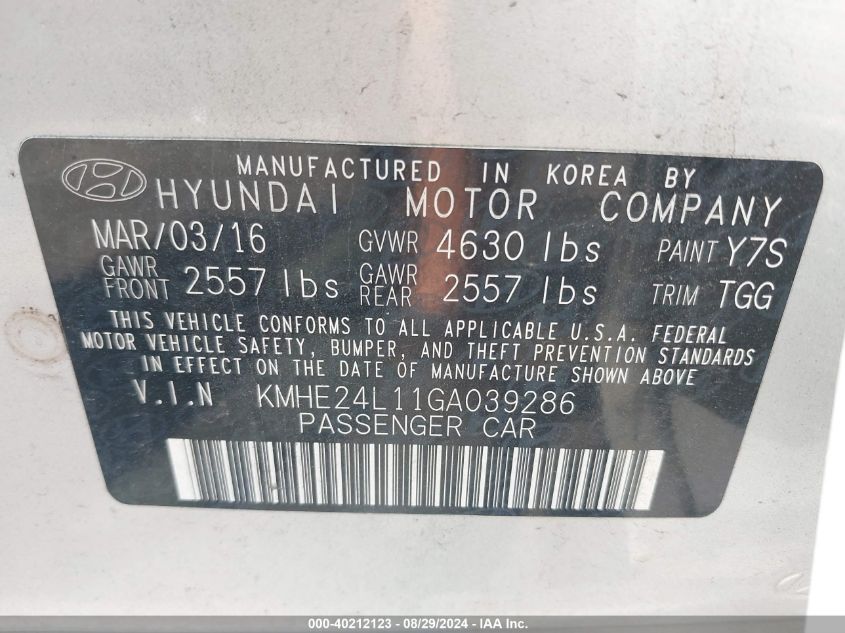 2016 Hyundai Sonata Hybrid Se VIN: KMHE24L11GA039286 Lot: 40212123