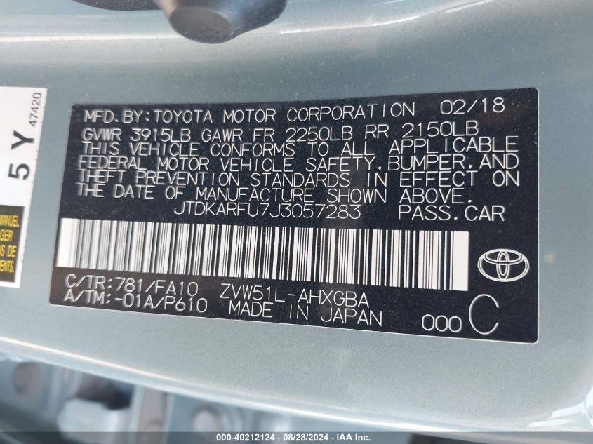 2018 Toyota Prius Three VIN: JTDKARFU7J3057283 Lot: 40212124