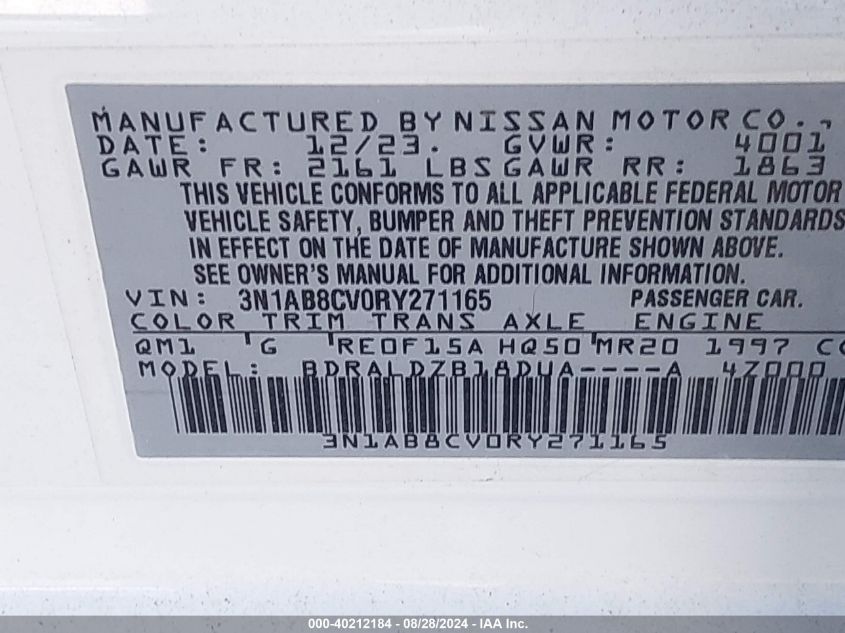 2024 Nissan Sentra Sv Xtronic Cvt VIN: 3N1AB8CV0RY271165 Lot: 40212184