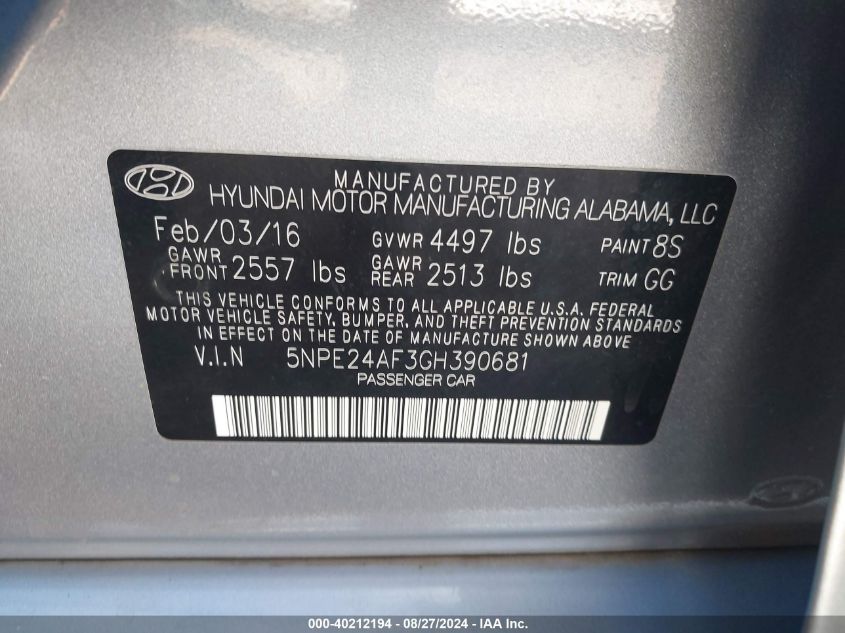 2016 Hyundai Sonata Se VIN: 5NPE24AF3GH390681 Lot: 40212194