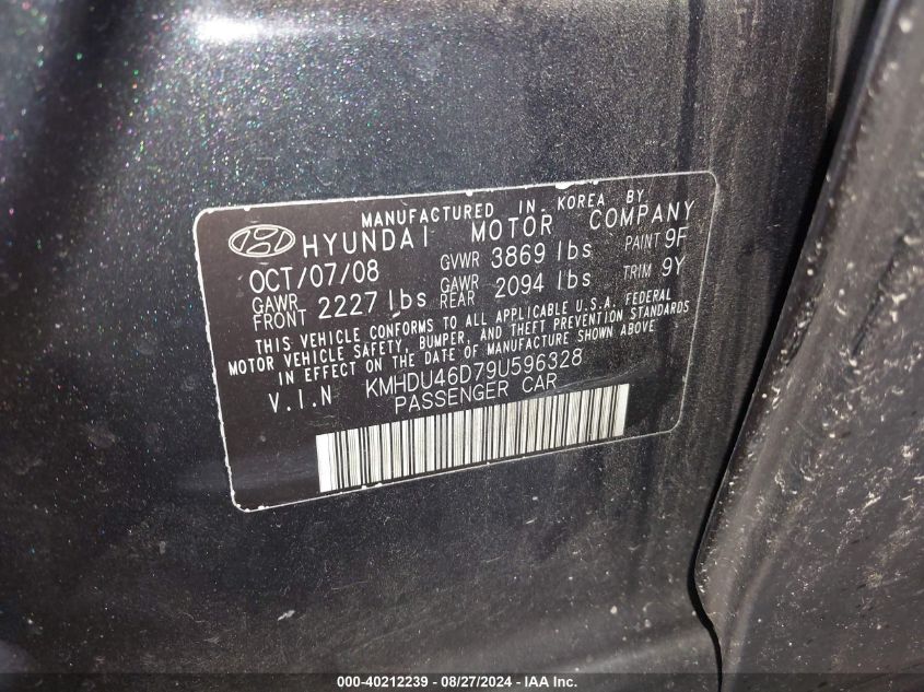 2009 Hyundai Elantra Gls VIN: KMHDU46D79U596328 Lot: 40212239