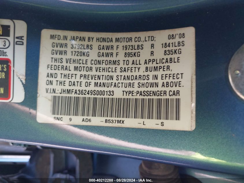 JHMFA36249S000133 2009 Honda Civic Hybrid