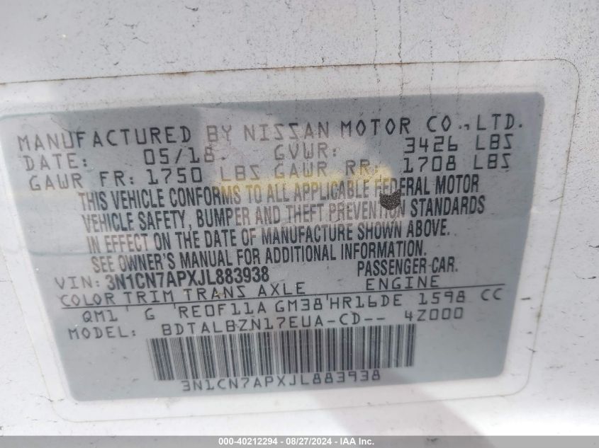 3N1CN7APXJL883938 2018 Nissan Versa 1.6 Sv